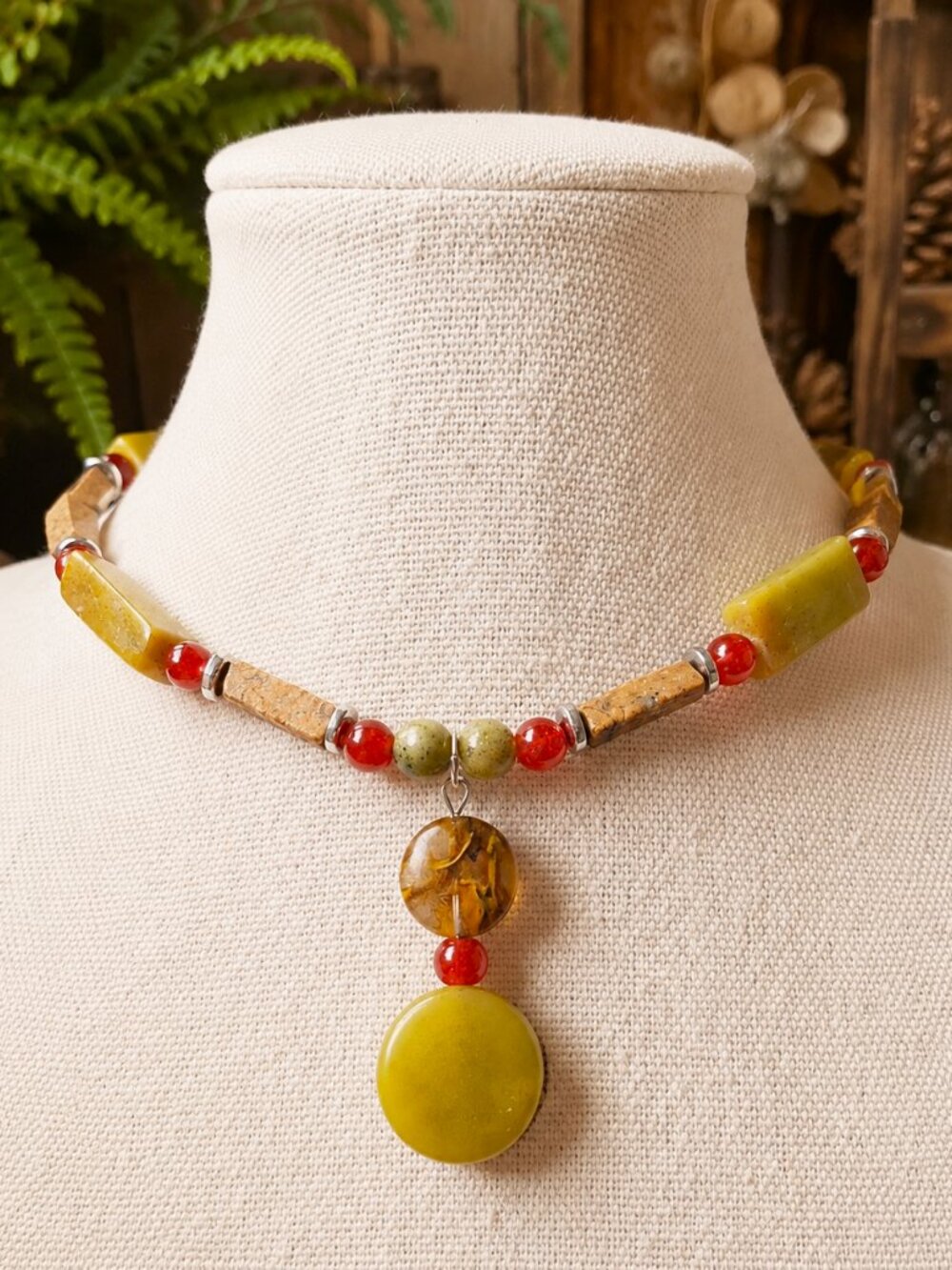 Woodland Serpentine Beaded Pendant Necklace - Pink Tourmaline, Stainless Steel